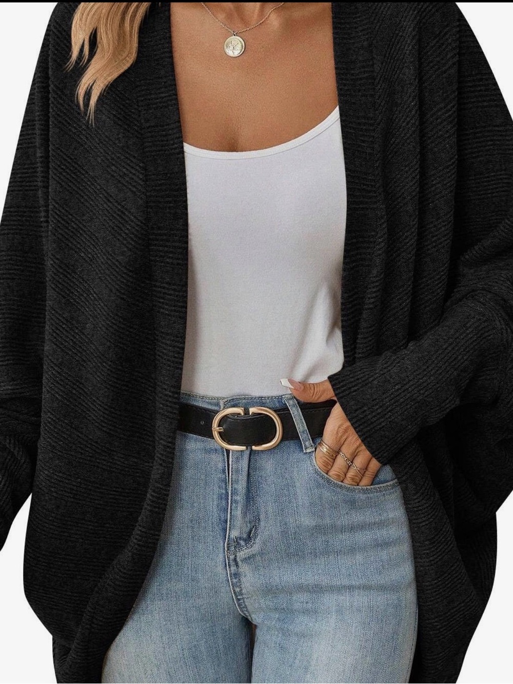 Black Open-Front Ribbed Women’s Cardigan Sweater